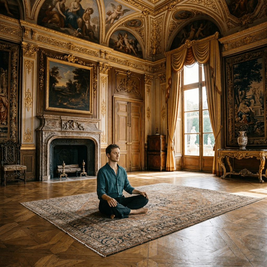Woman sitting cross-legged meditating on a large rug in a richly decorated historic room